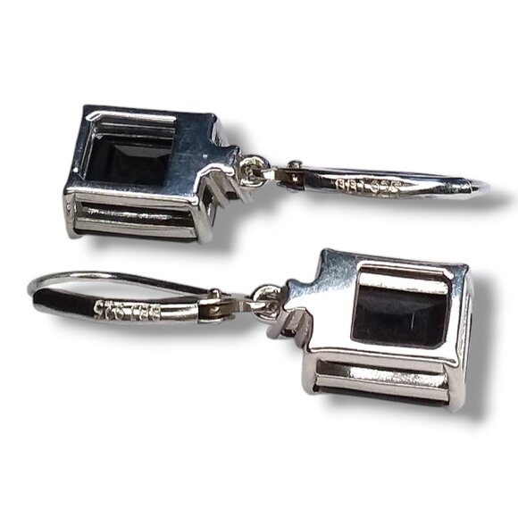 BBJ 925 Sterling Silver Dangle Earrings Black Onyx Emerald Cut Lever Backs - Picture 6 of 11
